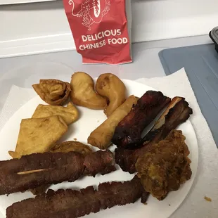 Pu Pu Tray for 2; 7 diff Appetizers, 14 items in all  (a few already missing from this plate)