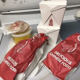 Egg Drop Soup;   2 Large Rice;   Bags contain Pu Pu Tray for 2