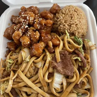 Beef lo mein and sweet and sour Chicken