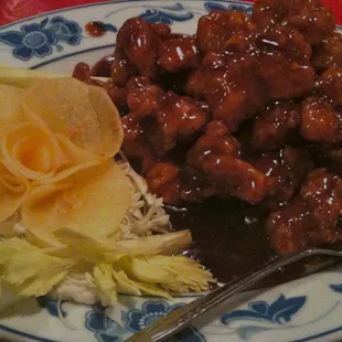 General Tso's Chicken - Radish flower to adorn the plate!