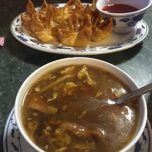 Delicious Hot &amp; Sour soup along with Crab Ragoons.