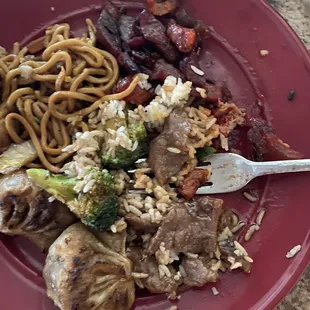 Beef With Broccoli, Fried Dumplings (6), rib tips, white rice, shrimp and beef lo mein, had shrimp egg rolls and wonton soup.