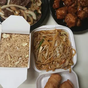 Mongolian Beef, Fried Rice, Orange Chicken and Lo Mein...oh and free egg rolls because we spent $20.