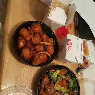 delivery beef broccoli &amp; orange chicken with fried rice and egg rolls