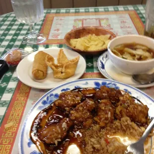 Sesame chicken &amp; rice, egg roll, crab rangoon, wanton soup &amp; a Pepsi all for $8.60....can&apos;t beat that!