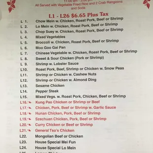 the menu for lunch special