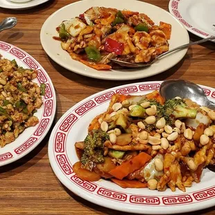 Top: Yu Hsiang Shrimp and Chicken, Bottom right: 8 Treasure Chicken, Bottom left: Chicken with Pine Nuts