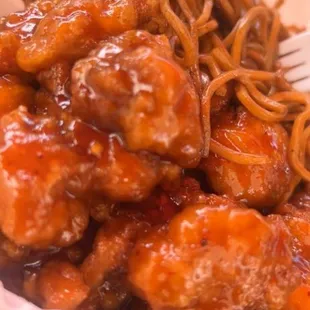 Orange Flavored Chicken &amp; plain lo mein 10/10.  Not pictured  Side of white rice