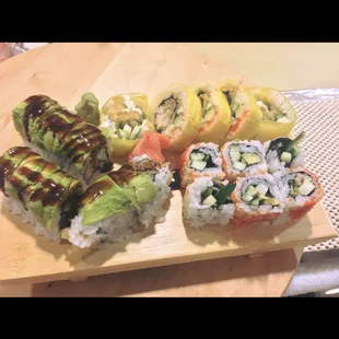 Avocado shrimp, california, and a tiger eye.