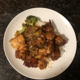 Happy Family, Orange Chicken With Broccoli, and White Steamed Rice