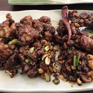 Burned Kung Po Chicken and salty Broccoli and Chicken, probably recooked.