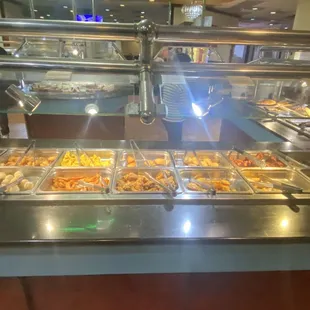 a buffet full of food