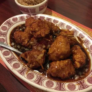 Orange chicken and fried lice (rice) LOL!