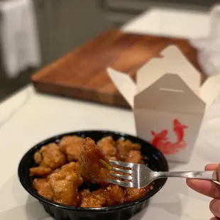 General Tso to-go! Delicious and lots of protein for the price!