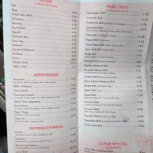 New sushi menu