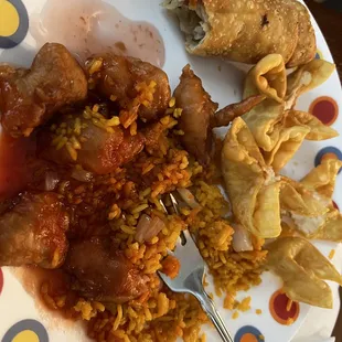 S&amp;S chicken that is only sour, weird yellow rice, stale crab cheese appetizers, and mushy cabbage stale egg roll.