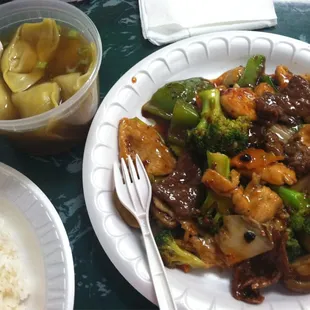 Hunan triple delight and won ton soup