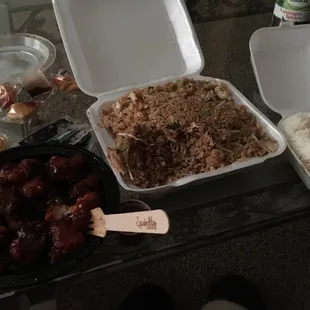 Big portions, hot and delicious! $16.55 for gen. Sao and chicken fried rice delivered in under 20 min