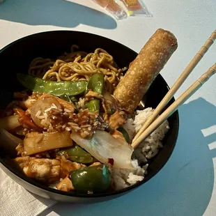 Szechuan chicken combo dinner - w/ rice &amp; egg (1/2 portion) roll // side of lo mein (1/4 portion)
