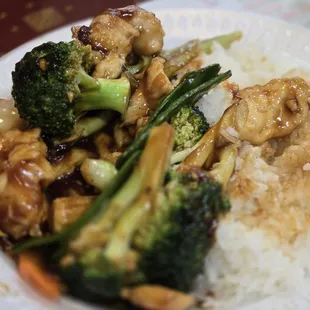 Chicken with mixed vegetables. Lots of fresh veggies, sliced chicken, in a slicks savory brown sauce.