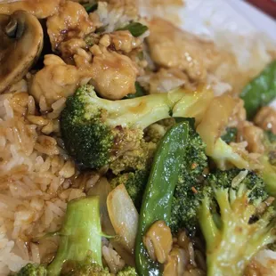 Garlic chicken. Fresh veggies cooked to perfection, lots of sliced chicken, and a savory, slightly sweet, nicely spicy sauce.