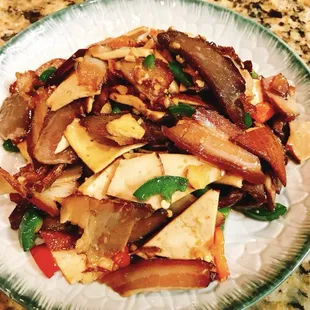 Sautéed Hunan style smoked bacon with spiced tofu