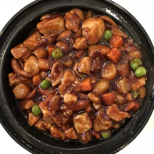 Chicken and cashews. Could use a few more cashews. Not bad tho