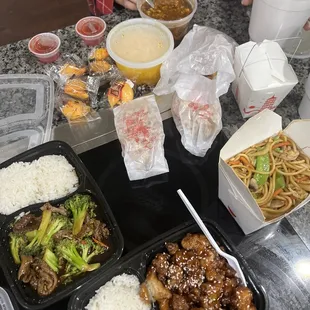 Sesame Chicken, Beef with Broccoli, Vegetable Lo Mein, Egg Drop Soup, Hot and Sour Soup, Crab Rangoons