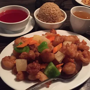 Sweet and Sour Shrimp (sauce on the side), and fried rice.