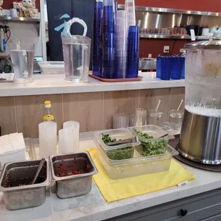 a variety of food items on a counter