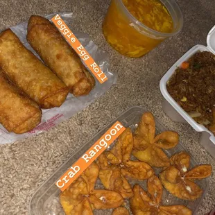 -Egg Drop Soup -Crab Rangoon  -Veggie Egg Rolls