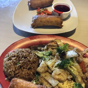 Chicken and shrimp spring rolls with Pickled veggies &amp; Moo Goo Gai Pan and Fried Rice and egg roll