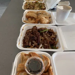 Fried dumplings, Mongolian beef, almond fried chicken, moo shu pork, Hunan special fried rice.