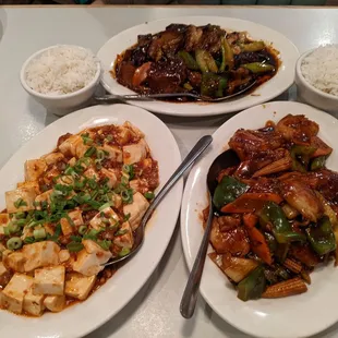 three plates of chinese food