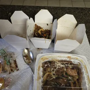 Mongolian beef, fried rice, lo mein chicken and white rice