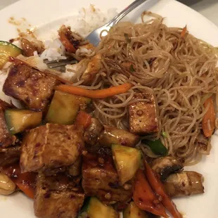 Kung pao tofu veggie chow mein and rice