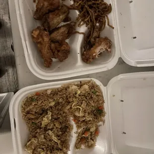 Chicken fried rice, wings, chicken lomein