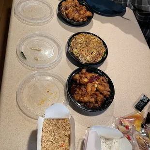 Beef and broccoli, sesame chicken, pork lo mein, orange chicken, fried rice and white rice