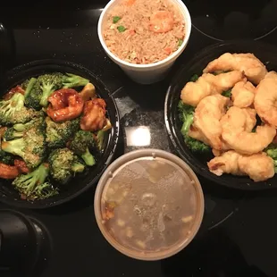 Sesame Shrimp(Sesame on side) and shrimp fried rice. Shrimp and broccoli