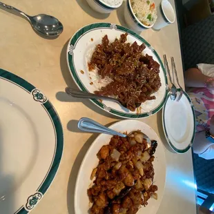 Sesame beef and Kung pao chicken