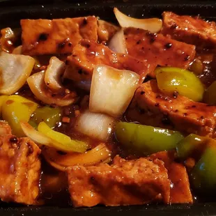 Tofu in black bean sauce ($9). Not on the menu, but they&apos;ll make it on request. Savory and good.