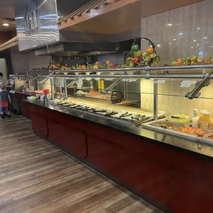 a buffet with a variety of food items