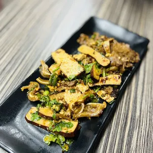 a black plate of food