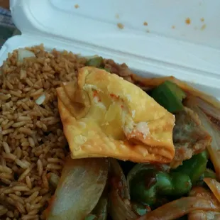 Perspective of size of Crab Rangoon. Each piece was packed full of sweet cream cheese and imitation crab.