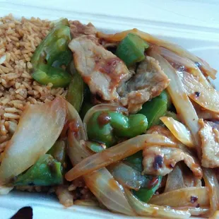 Lunch special. Beef pepper steak with Chicken fried rice.