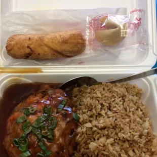 Delish! Shrimp egg foo young, fried rice, and an egg roll. (I requested mine to be nice and spicy. Turned out awesome!)