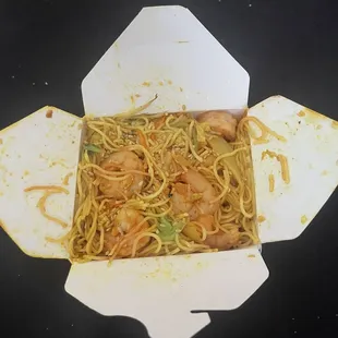 Hot and Spicy Singapore noodles shrimp, with extra curry, extra spicy, and vegetables.