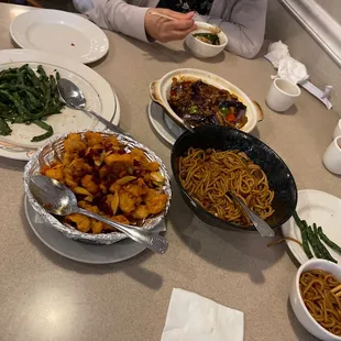 Spicy chicken green beans and noodles rice and eggplant