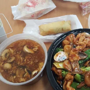 Chicken Four Seasons, hot n sour soup, &amp; spring roll
