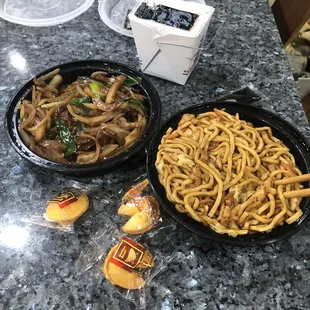 Mongolian beef and chicken low mein.
